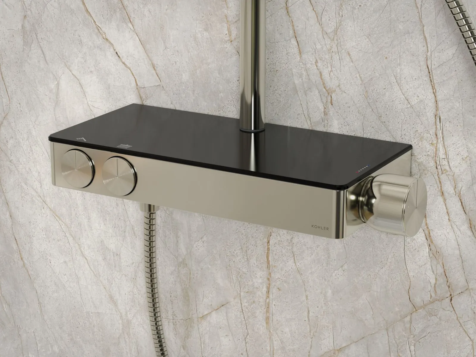 Two-way exposed thermostatic valve with shower column for rainhead and handshower^Kohler
