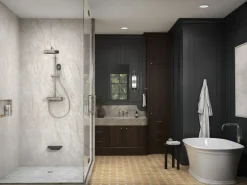 Two-way exposed thermostatic valve with shower column for rainhead and handshower^Kohler