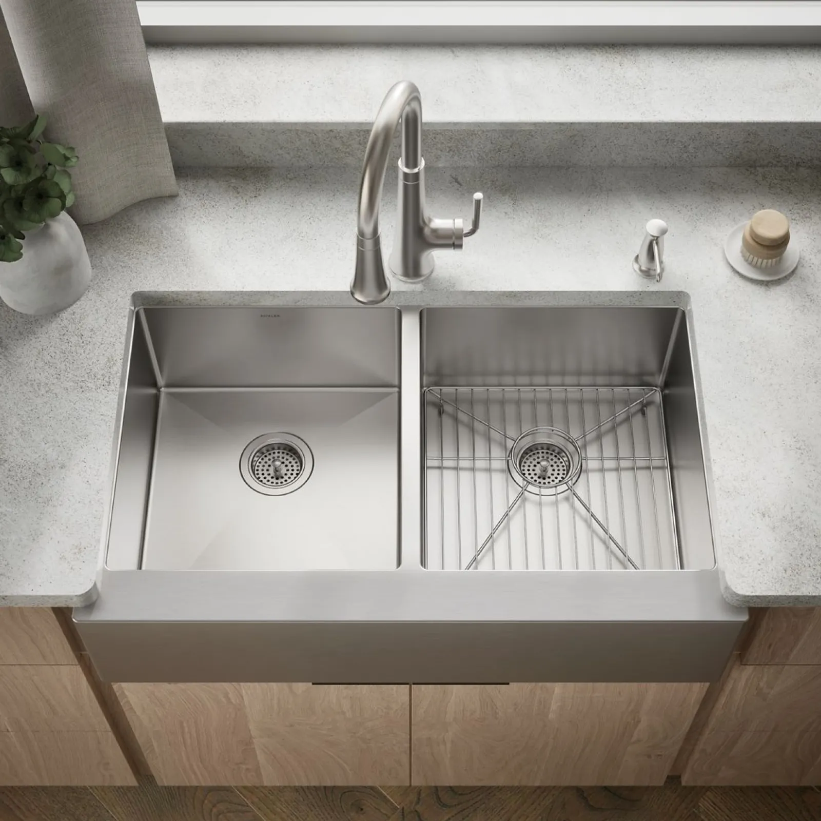 35-1/2" undermount double-bowl farmhouse kitchen sink with accessories^Kohler Discount