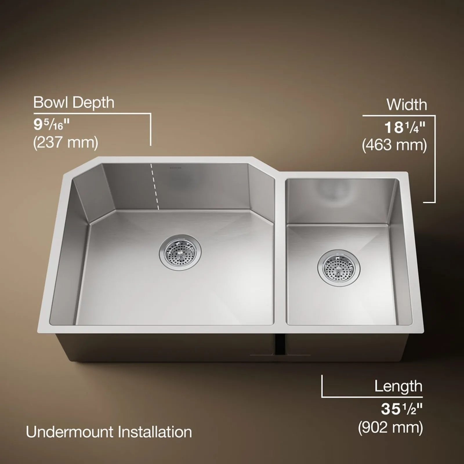35-1/2" undermount double-bowl kitchen sink^Kohler