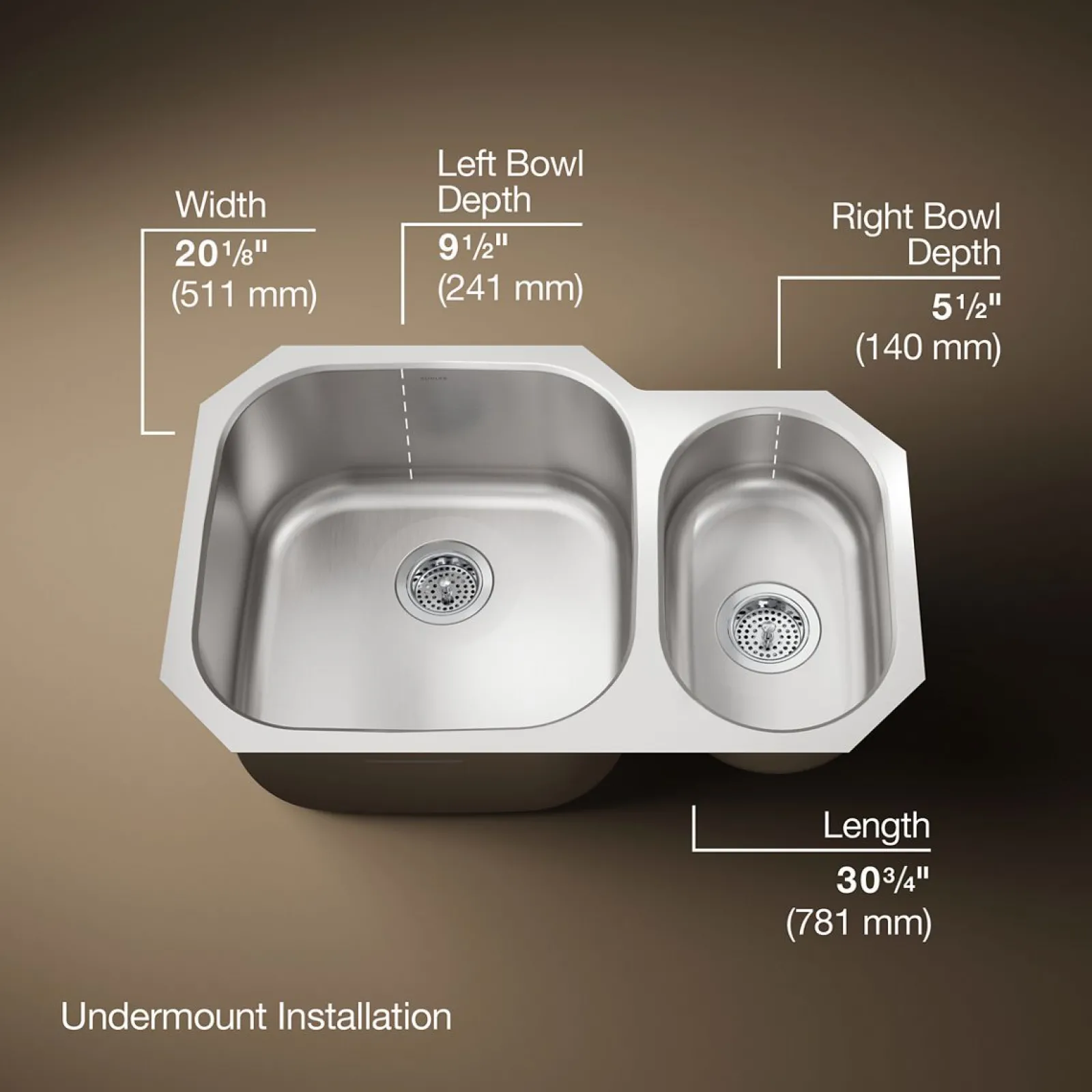 30-3/4" undermount double-bowl kitchen sink^Kohler Hot