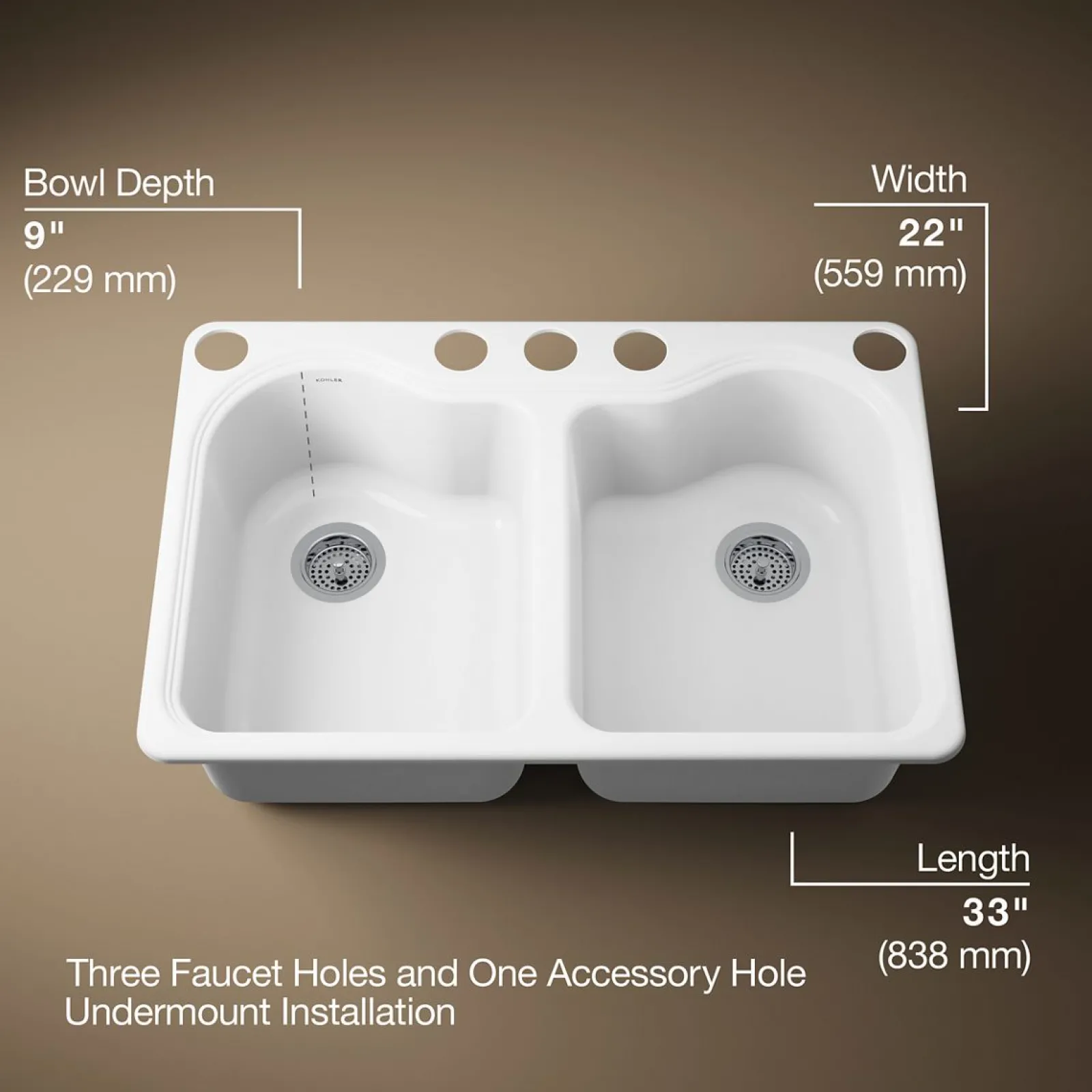 33" undermount double-bowl kitchen sink^Kohler Hot