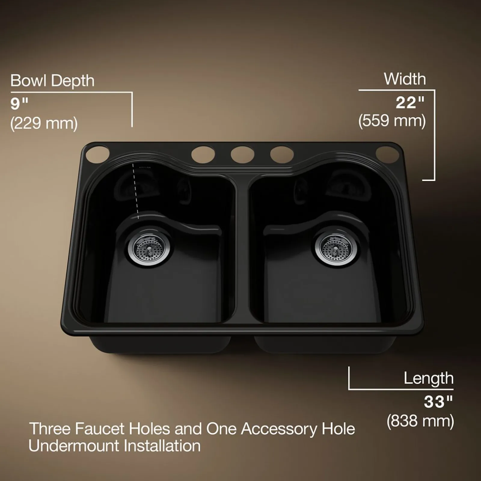33" undermount double-bowl kitchen sink^Kohler Hot