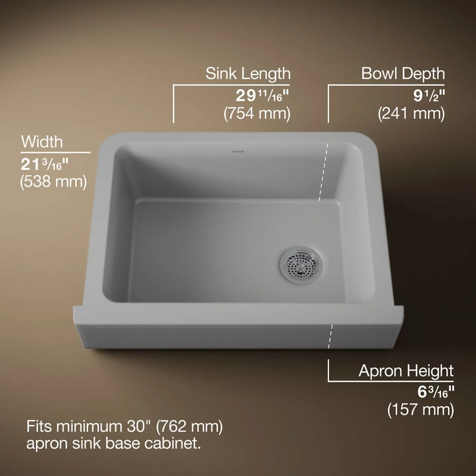 29-3/4" undermount single-bowl farmhouse kitchen sink with short apron^Kohler