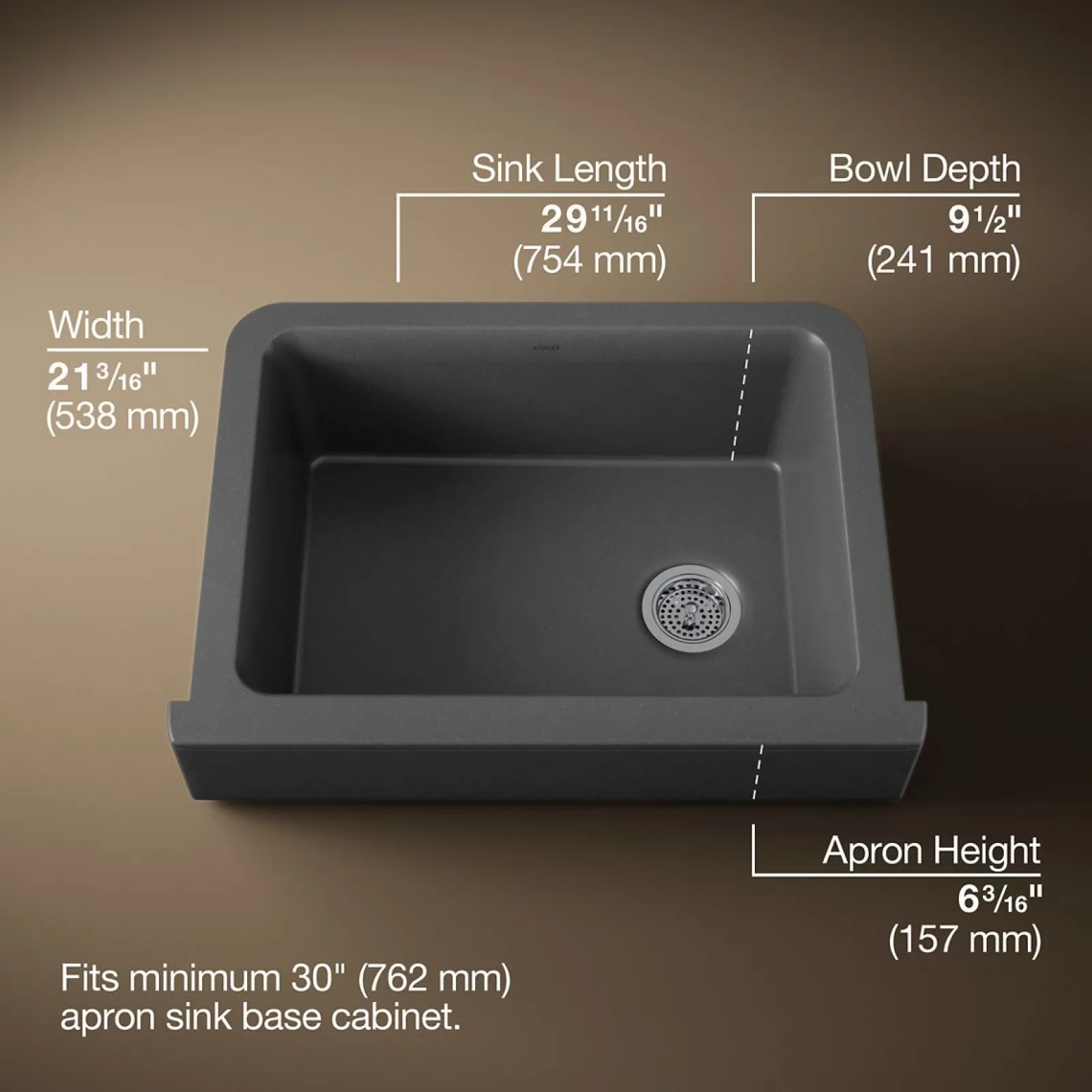 29-3/4" undermount single-bowl farmhouse kitchen sink with short apron^Kohler
