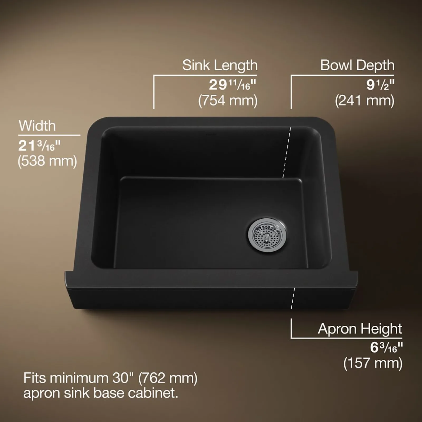 29-3/4" undermount single-bowl farmhouse kitchen sink with short apron^Kohler
