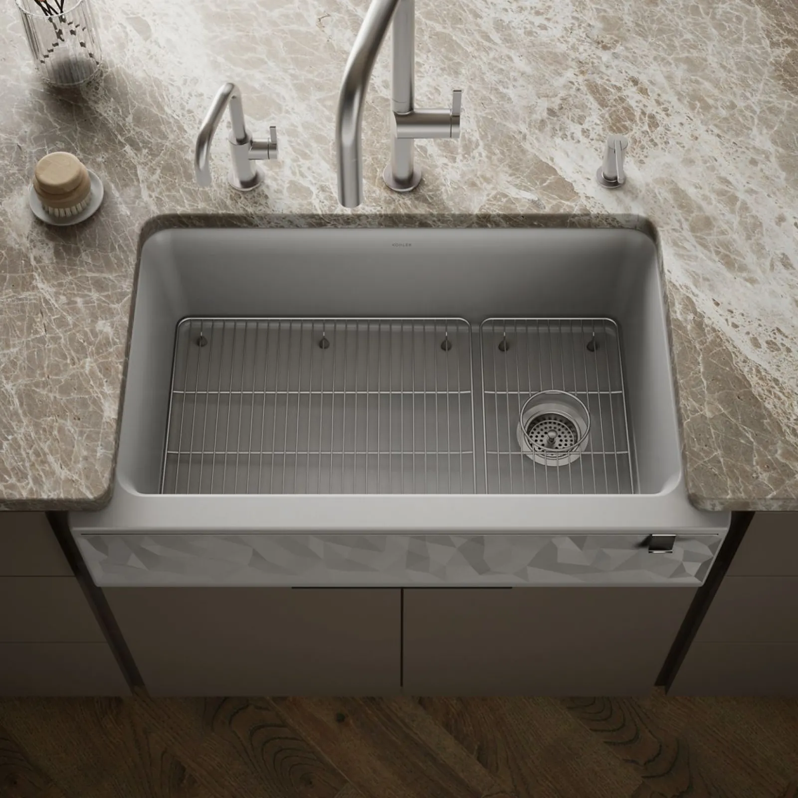 34" undermount single-bowl farmhouse kitchen sink with faceted design^Kohler Hot