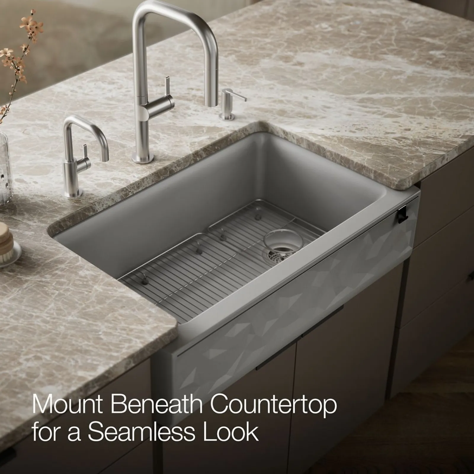 34" undermount single-bowl farmhouse kitchen sink with faceted design^Kohler Hot