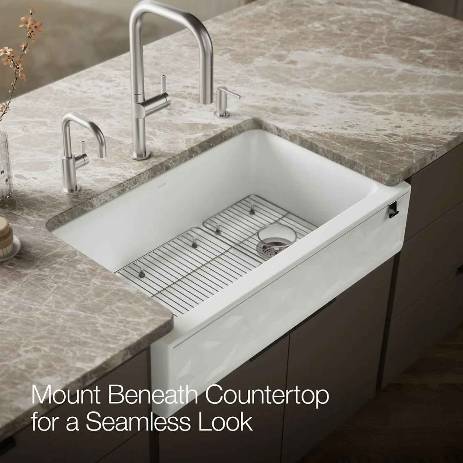 34" undermount single-bowl farmhouse kitchen sink with faceted design^Kohler Hot