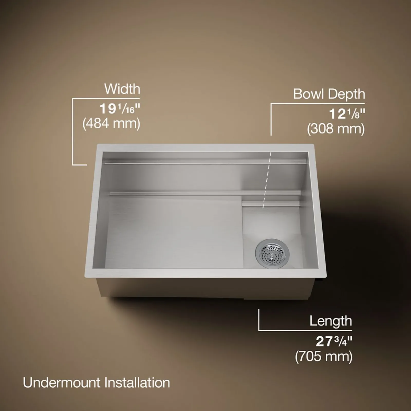 27-3/4" undermount single-bowl kitchen sink^Kohler