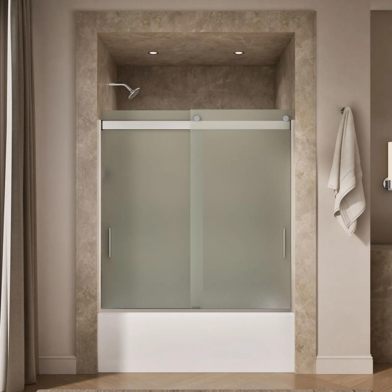 56-5/8"-59-5/8" W x 62" H bypass bath door with 1/4"-thick Frosted glass^Kohler New