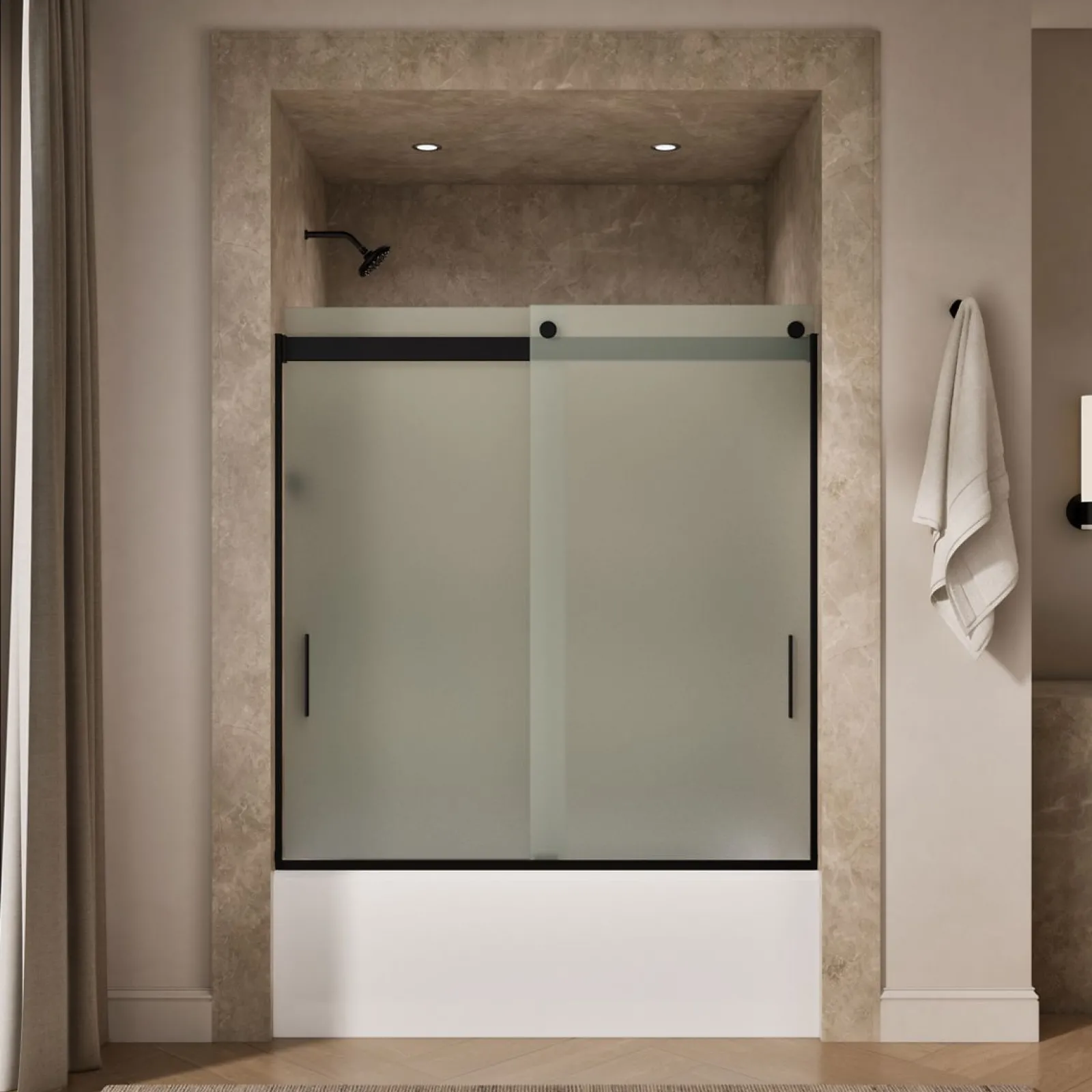 56-5/8"-59-5/8" W x 62" H bypass bath door with 1/4"-thick Frosted glass^Kohler New