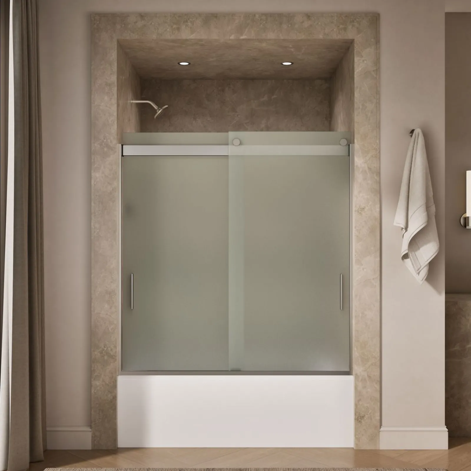 56-5/8"-59-5/8" W x 62" H bypass bath door with 1/4"-thick Frosted glass^Kohler New