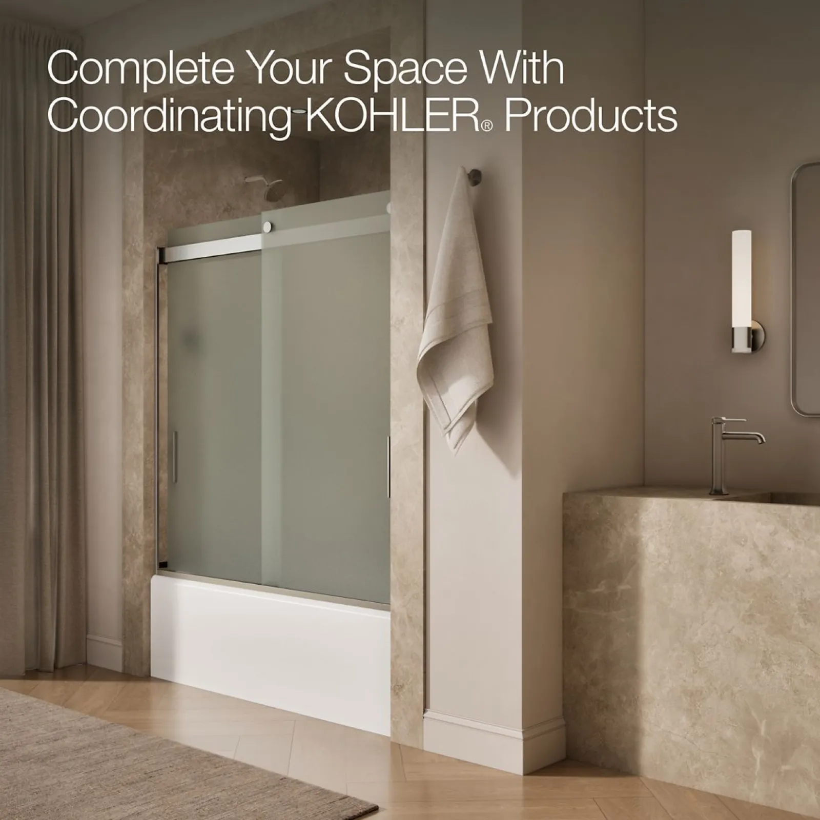 56-5/8"-59-5/8" W x 62" H bypass bath door with 1/4"-thick Frosted glass^Kohler New