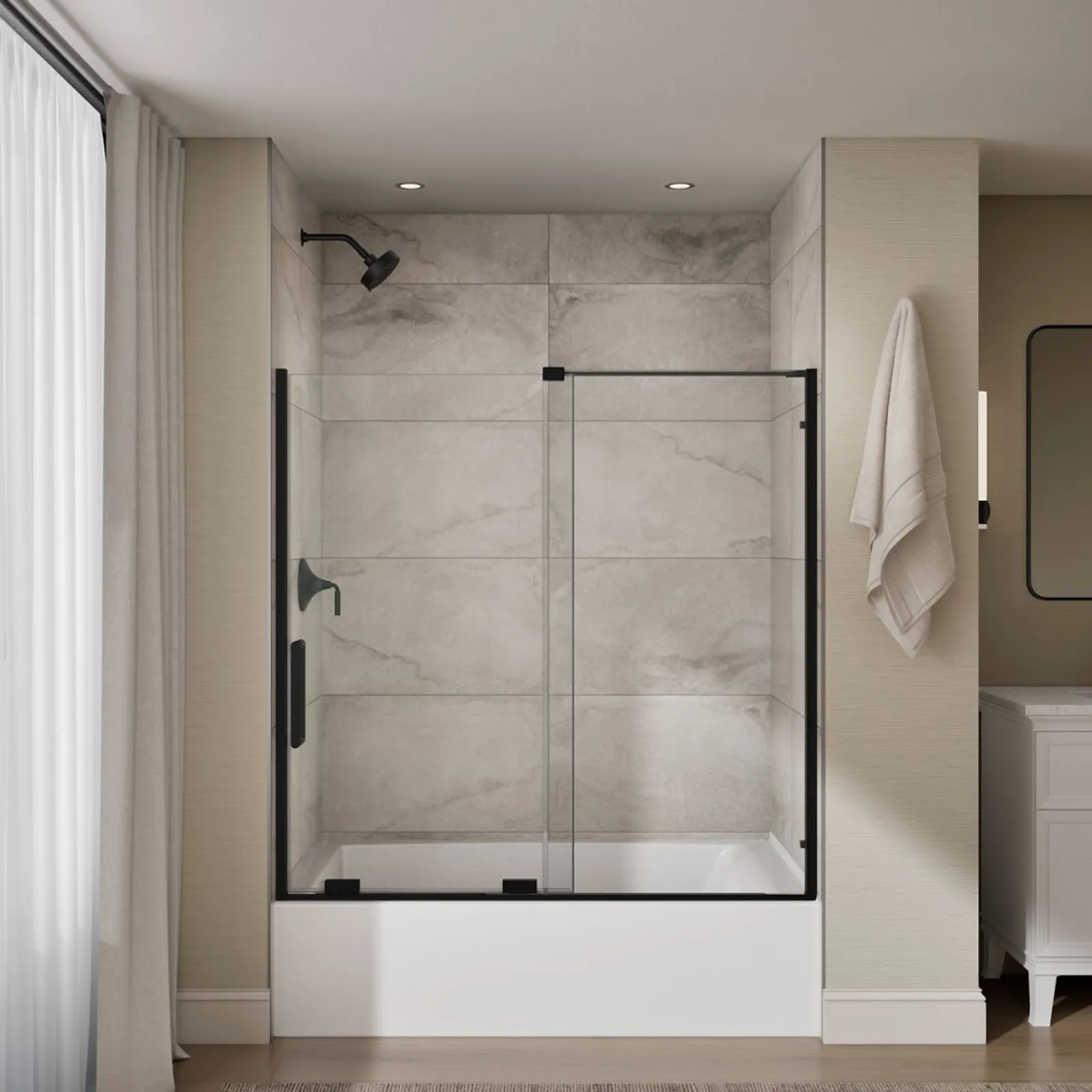 55-3/4"-59-3/4" W x 58-1/4" H bypass bath door with 5/16"-thick Crystal Clear glass^Kohler Best