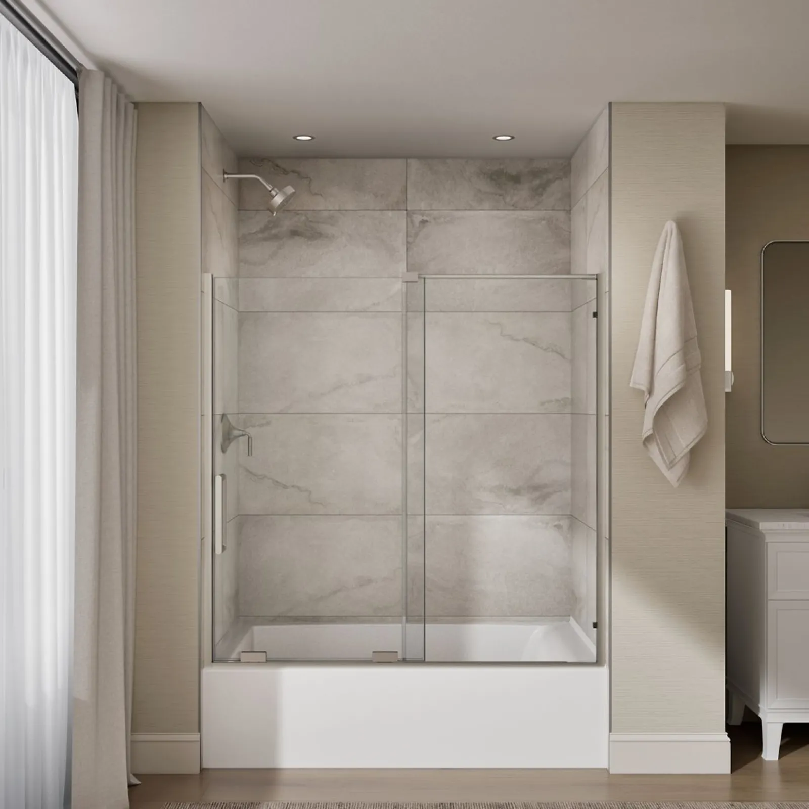 55-3/4"-59-3/4" W x 58-1/4" H bypass bath door with 5/16"-thick Crystal Clear glass^Kohler Best
