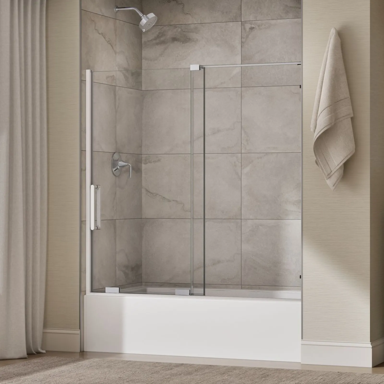 55-3/4"-59-3/4" W x 58-1/4" H bypass bath door with 5/16"-thick Crystal Clear glass^Kohler Best