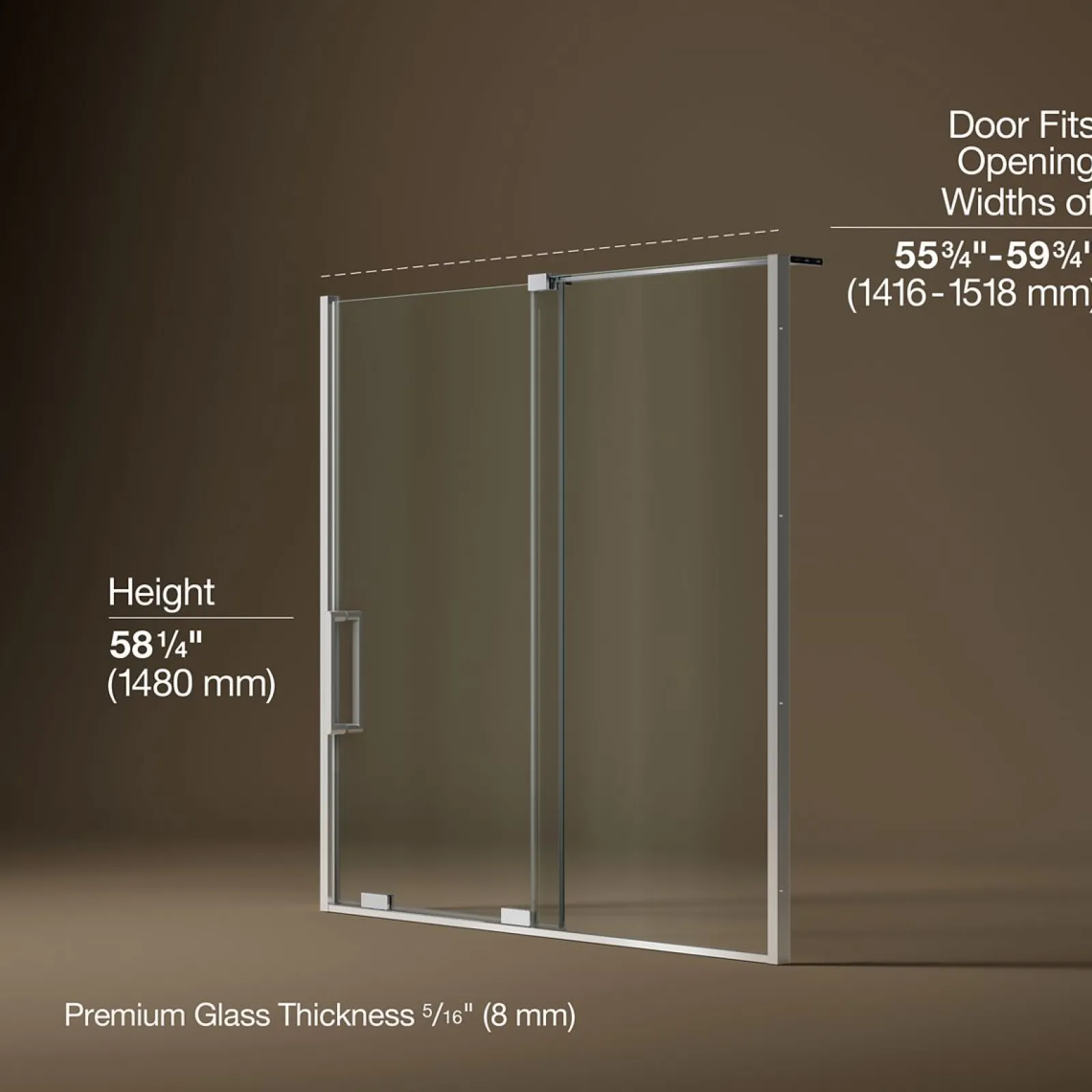 55-3/4"-59-3/4" W x 58-1/4" H bypass bath door with 5/16"-thick Crystal Clear glass^Kohler Best