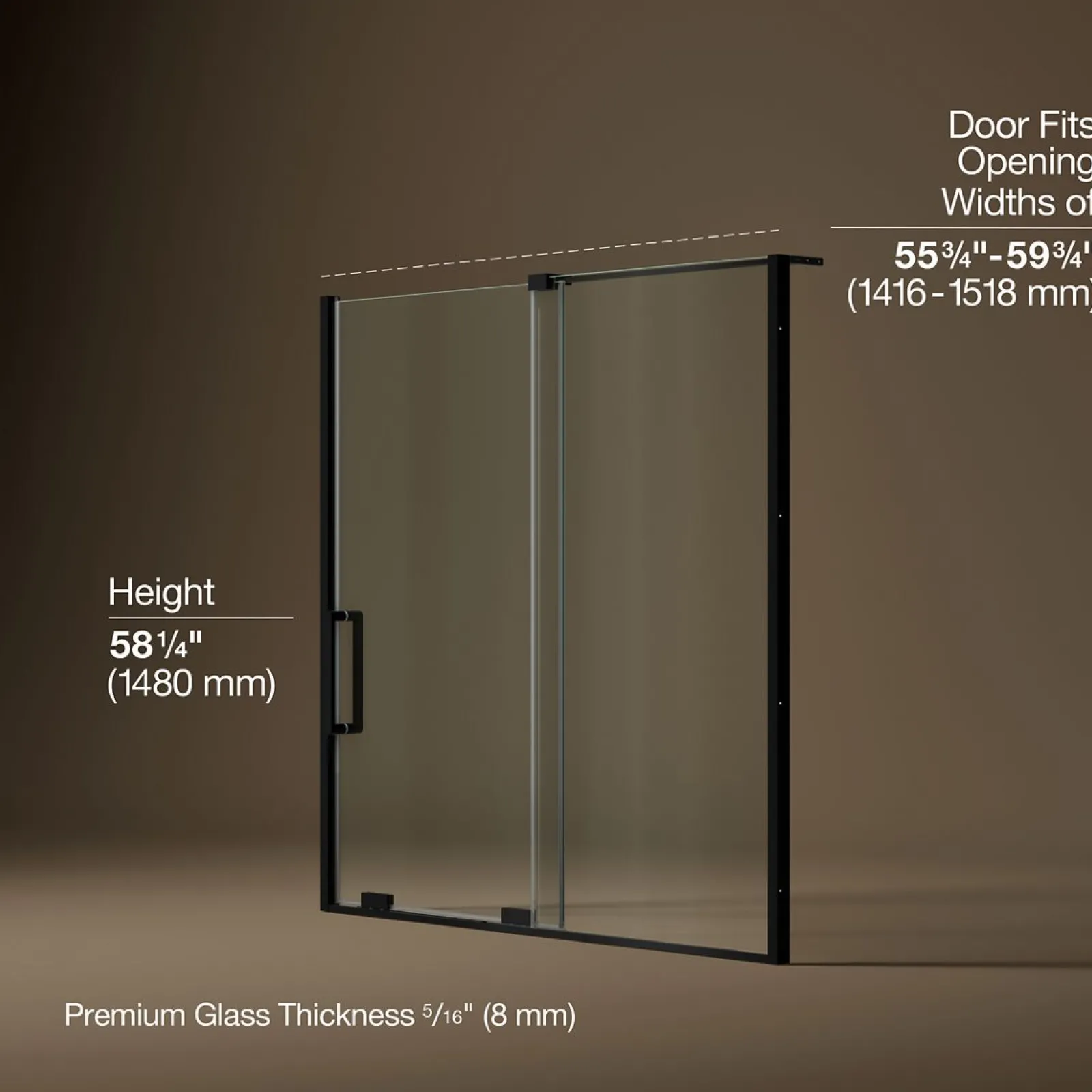 55-3/4"-59-3/4" W x 58-1/4" H bypass bath door with 5/16"-thick Crystal Clear glass^Kohler Best