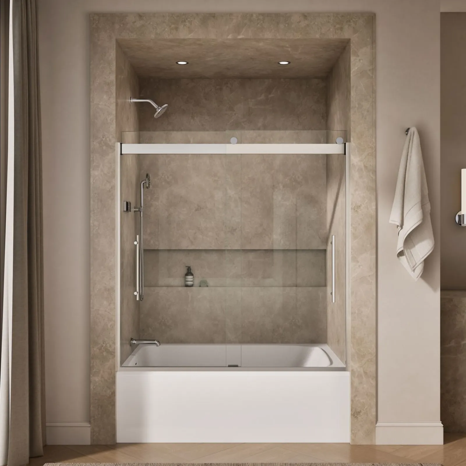 56-5/8"-59-5/8" W x 61.53" H bypass bath door with 5/16"-thick Crystal Clear glass^Kohler Hot
