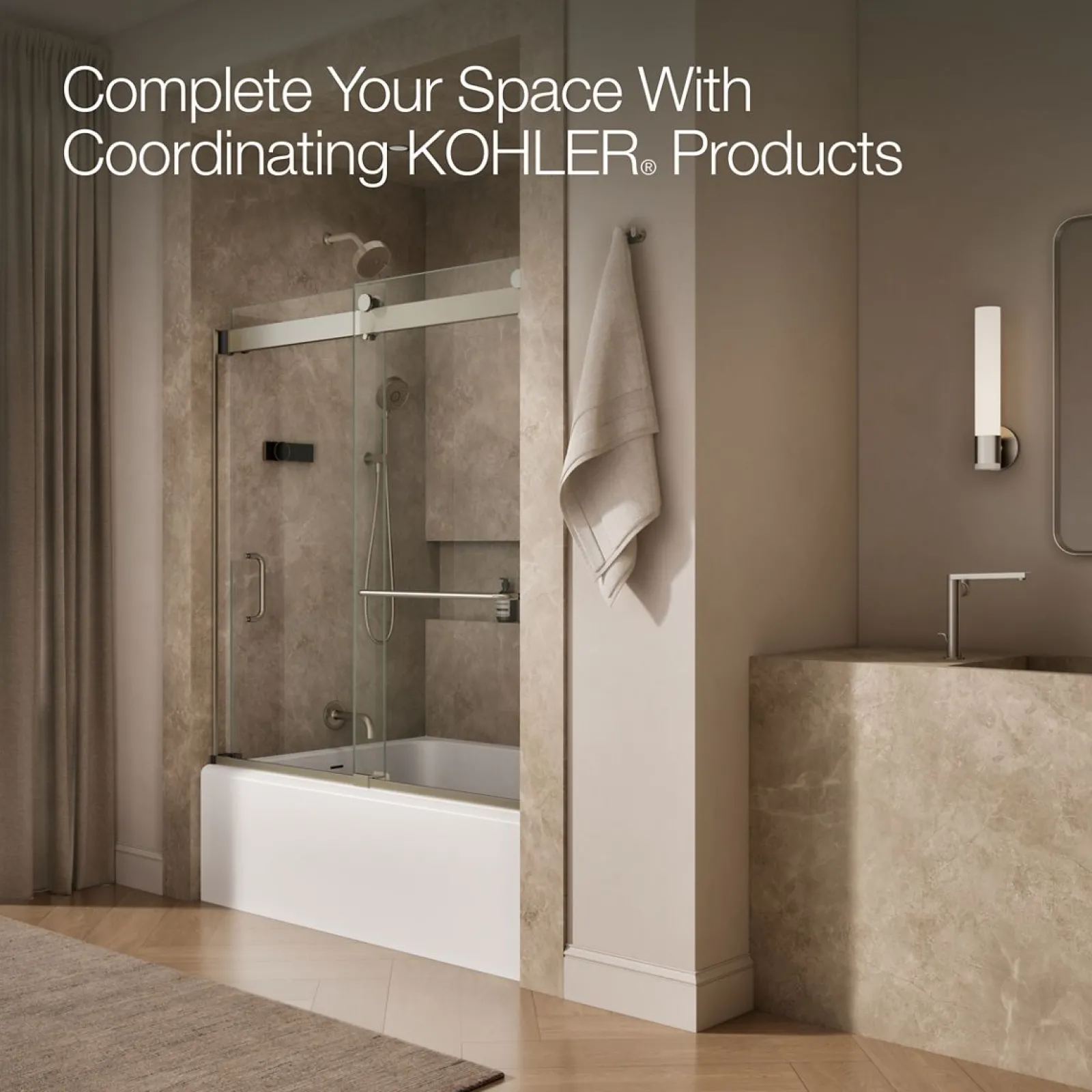 54"-60" W x 61-7/16" H bypass bath door with 3/8"-thick Crystal Clear glass^Kohler Hot