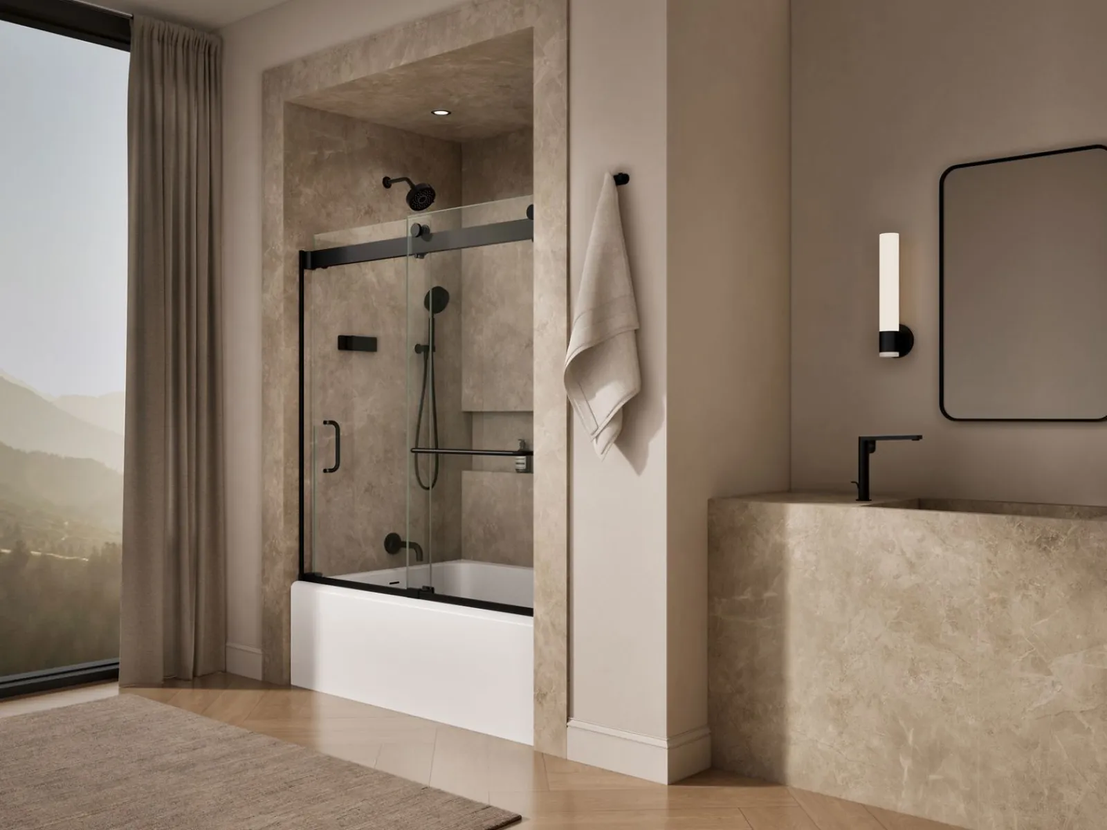 54"-60" W x 61-7/16" H bypass bath door with 3/8"-thick Crystal Clear glass^Kohler Hot