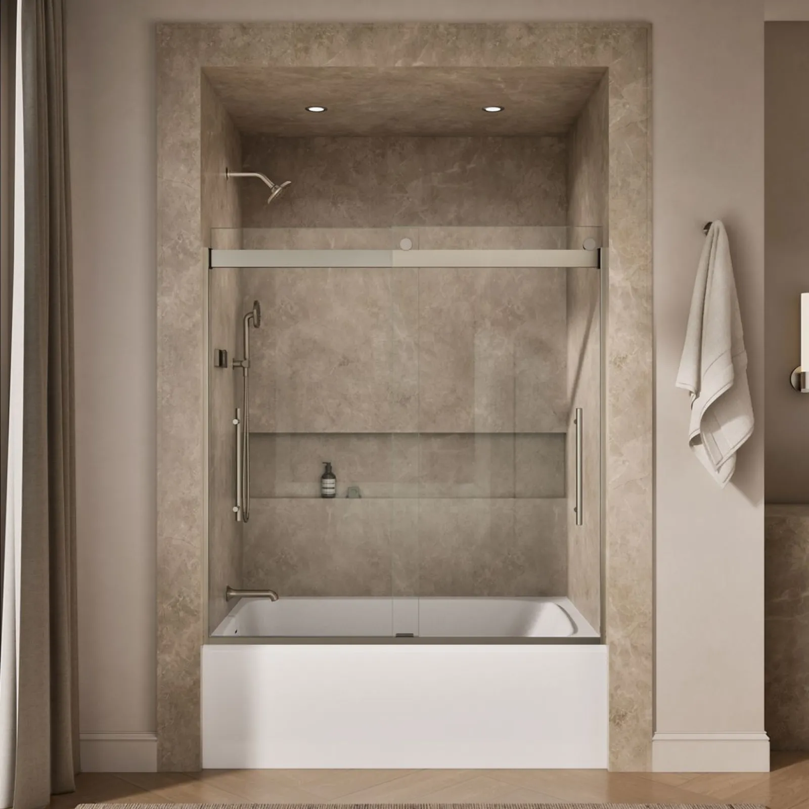 56-5/8"-59-5/8" W x 61.53" H bypass bath door with 3/8"-thick Crystal Clear glass^Kohler Best