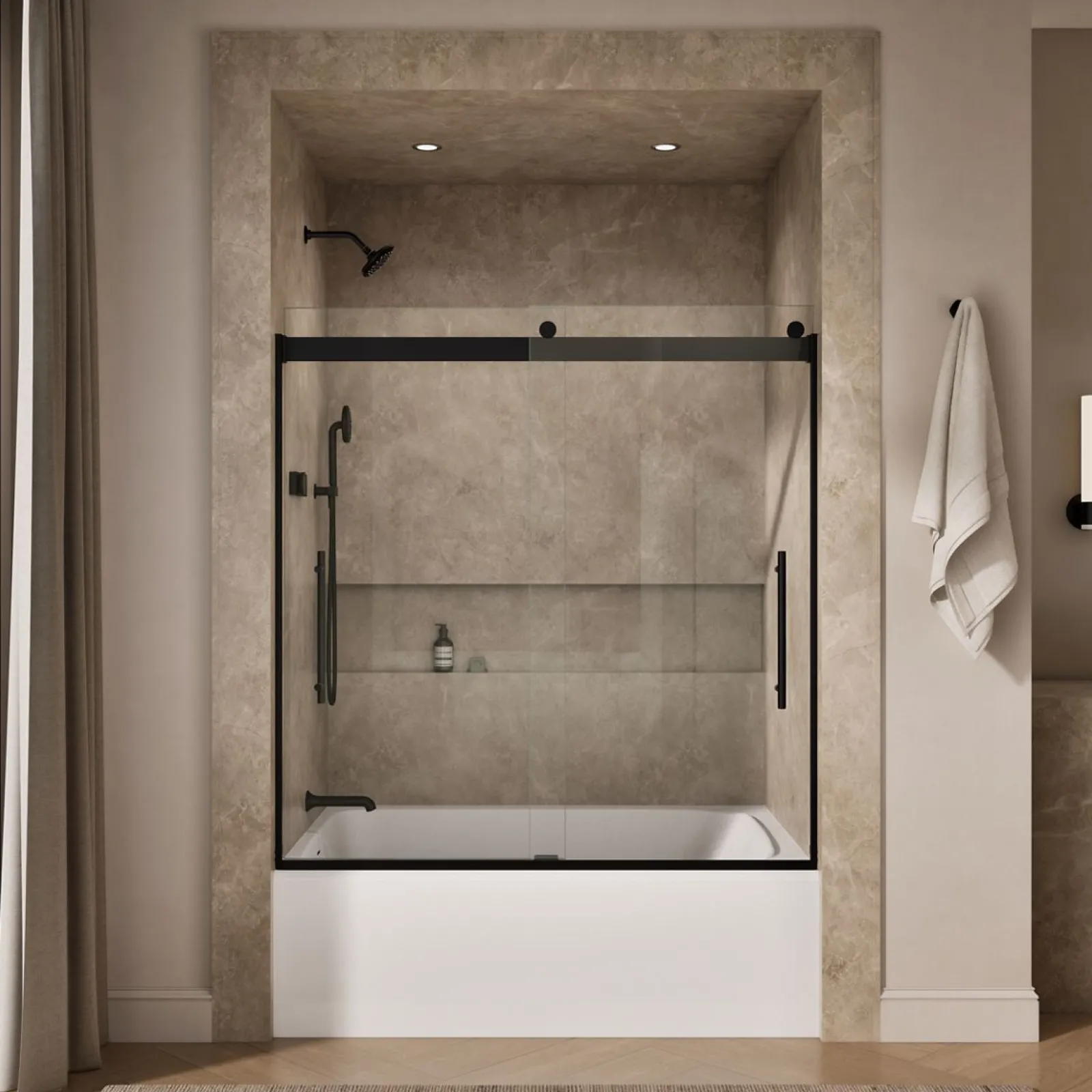56-5/8"-59-5/8" W x 61.53" H bypass bath door with 3/8"-thick Crystal Clear glass^Kohler Best