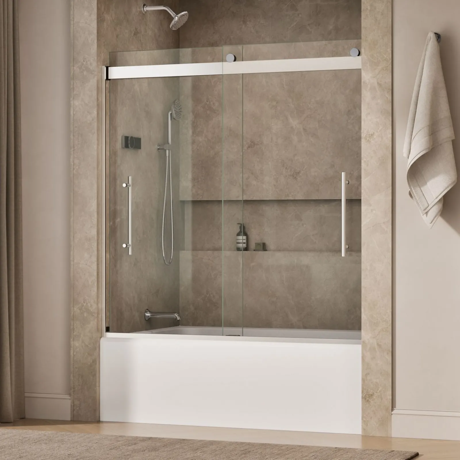 56-5/8"-59-5/8" W x 61.53" H bypass bath door with 3/8"-thick Crystal Clear glass^Kohler Best