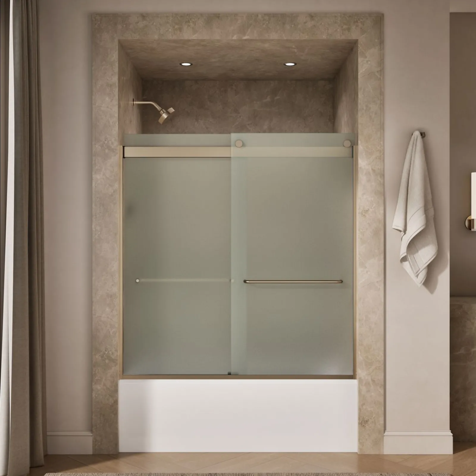 56-5/8"-59-5/8" W x 62" H bypass bath door with 1/4"-thick Frosted glass^Kohler New