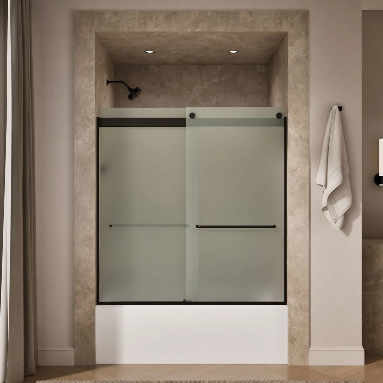 56-5/8"-59-5/8" W x 62" H bypass bath door with 1/4"-thick Frosted glass^Kohler New