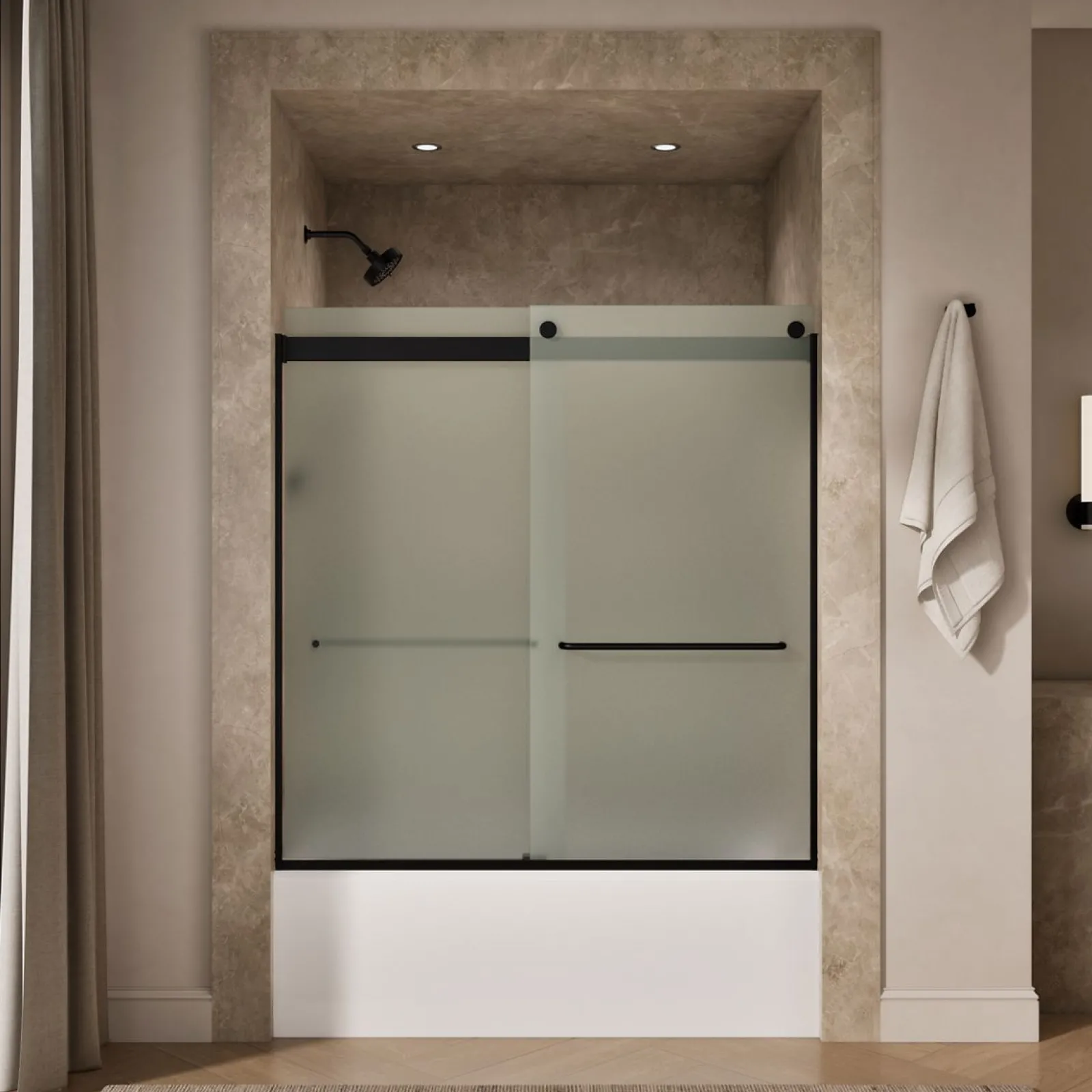56-5/8"-59-5/8" W x 62" H bypass bath door with 1/4"-thick Frosted glass^Kohler New