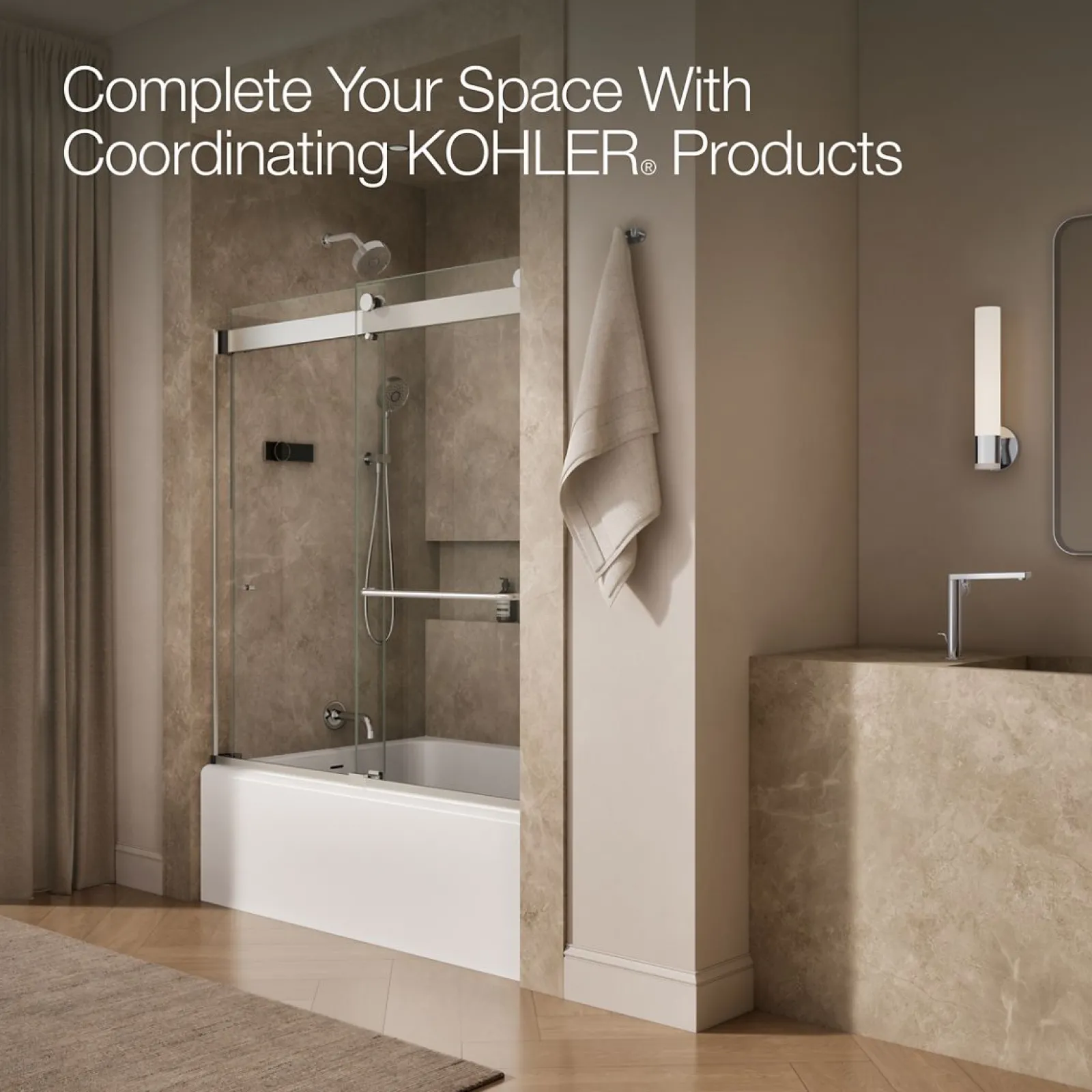 54"-60" W x 61-7/16" H bypass bath door with 3/8"-thick Crystal Clear glass^Kohler Clearance