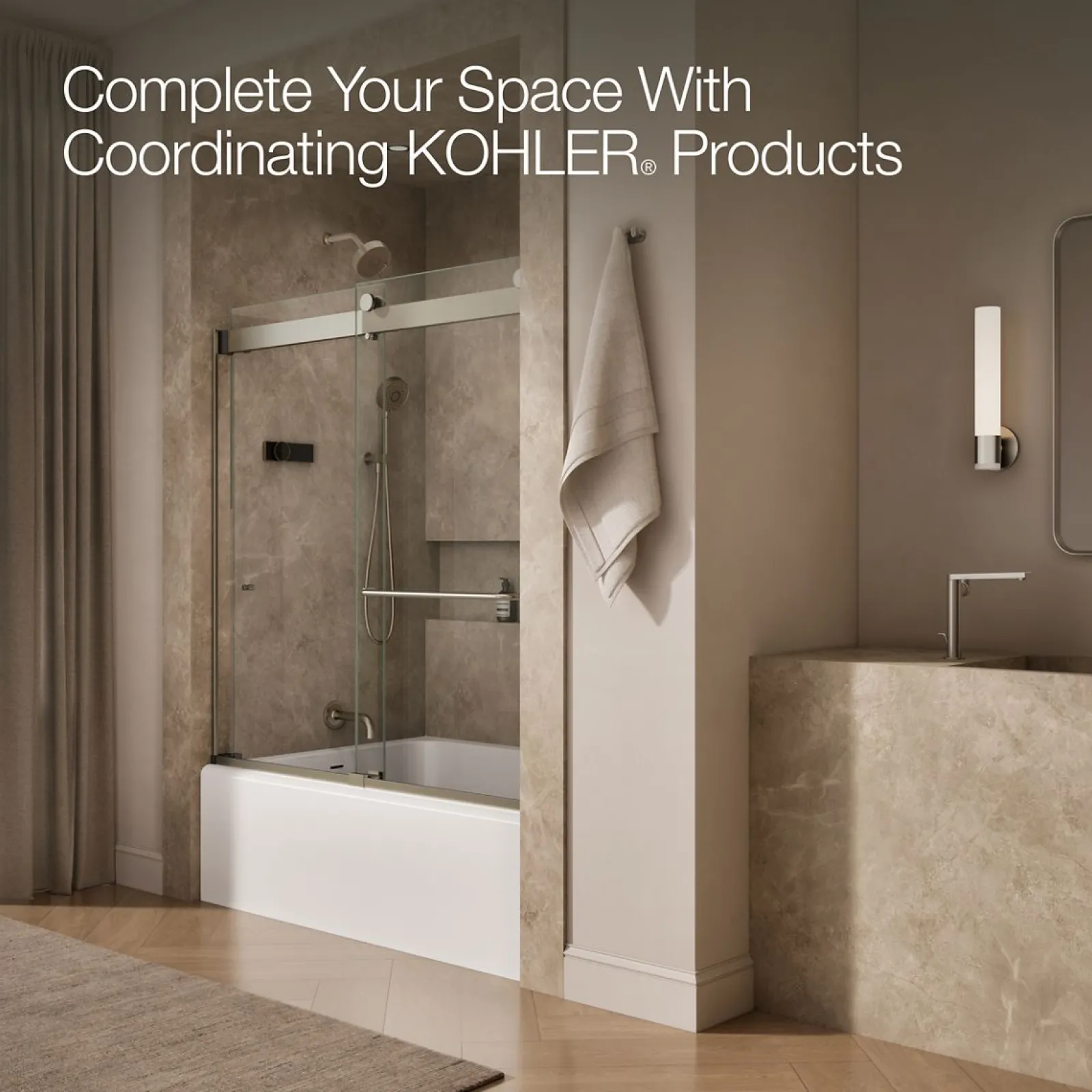 54"-60" W x 61-7/16" H bypass bath door with 3/8"-thick Crystal Clear glass^Kohler Clearance