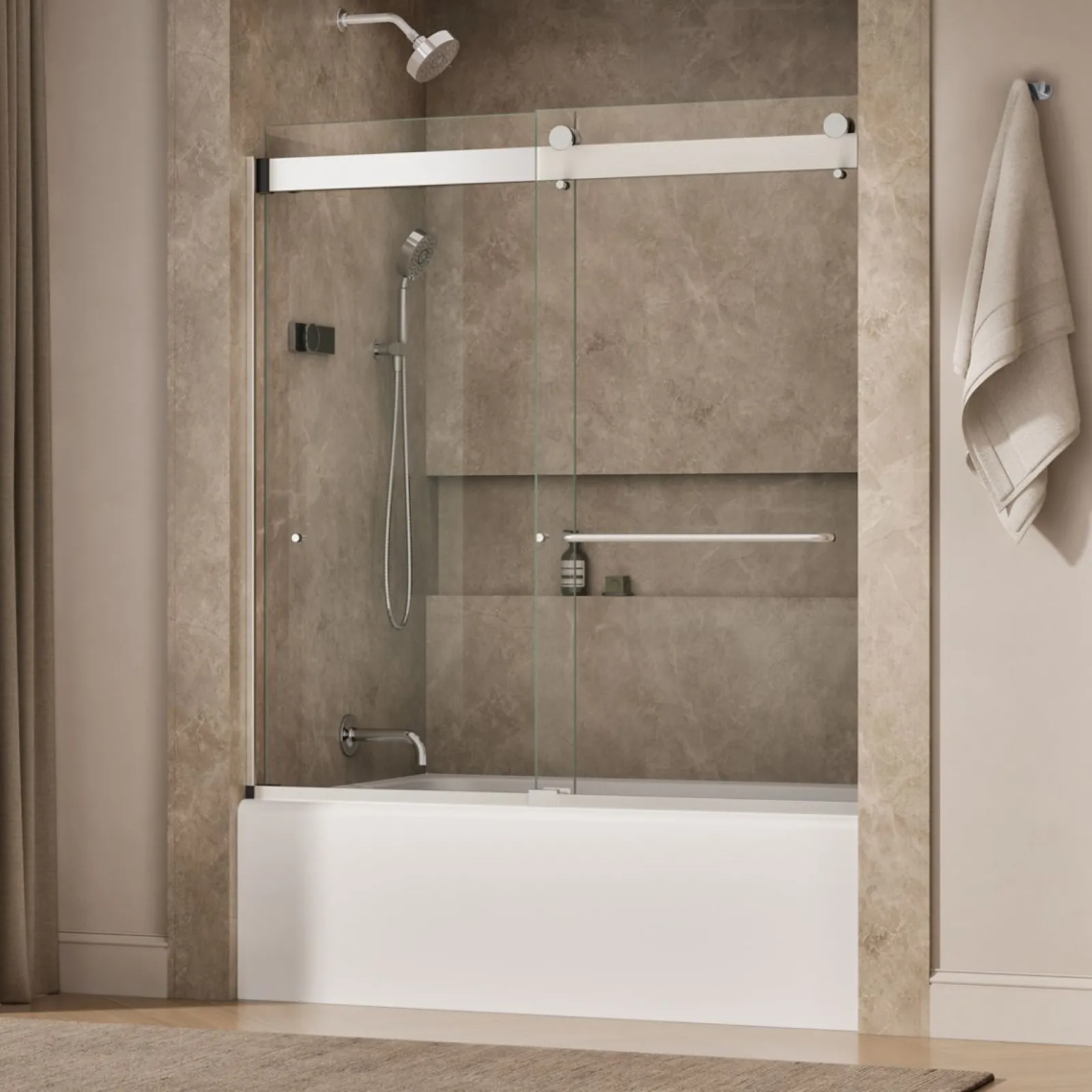54"-60" W x 61-7/16" H bypass bath door with 3/8"-thick Crystal Clear glass^Kohler Clearance