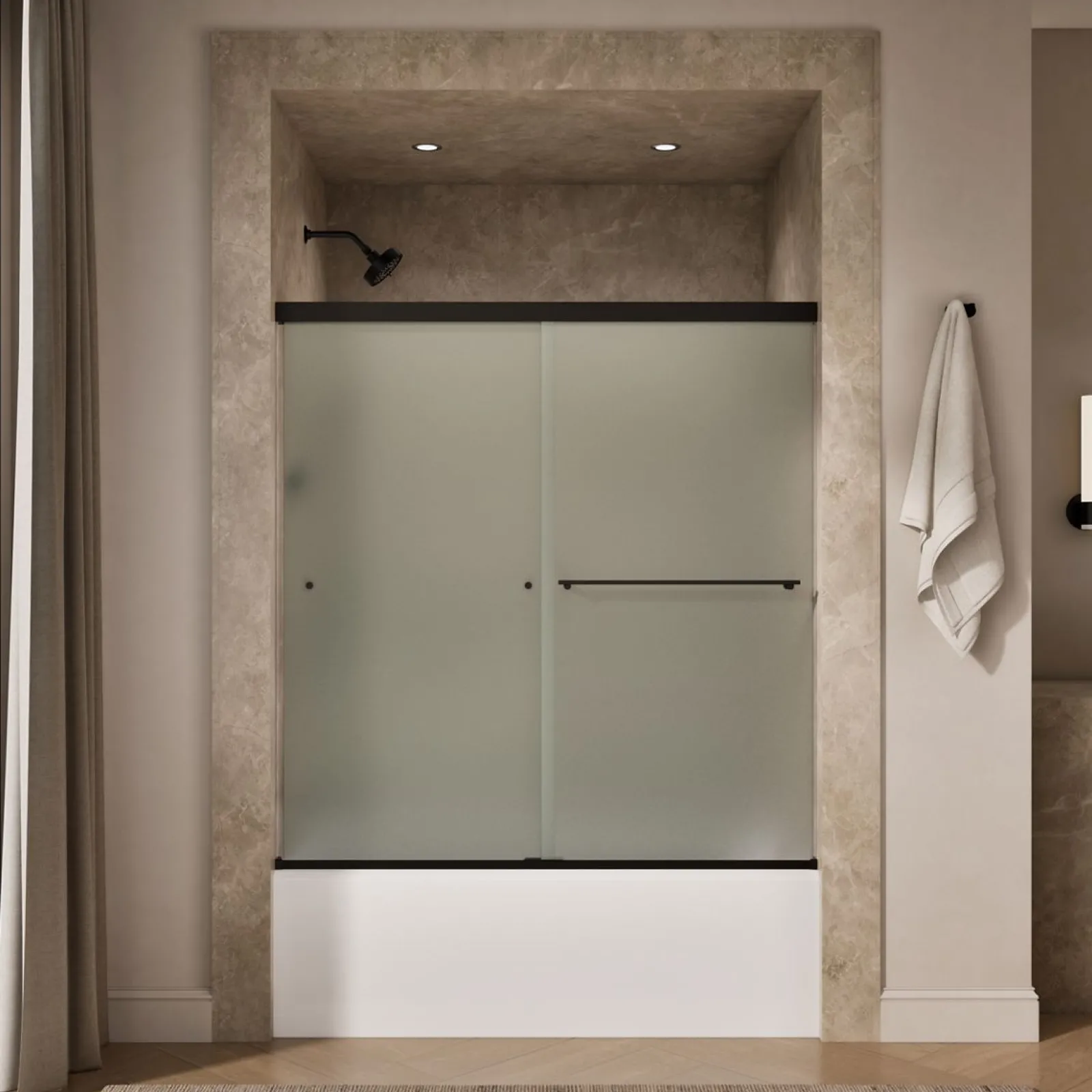 55-5/8"-59-5/8" W x 62" H bypass bath door with 5/16"-thick Frosted glass^Kohler