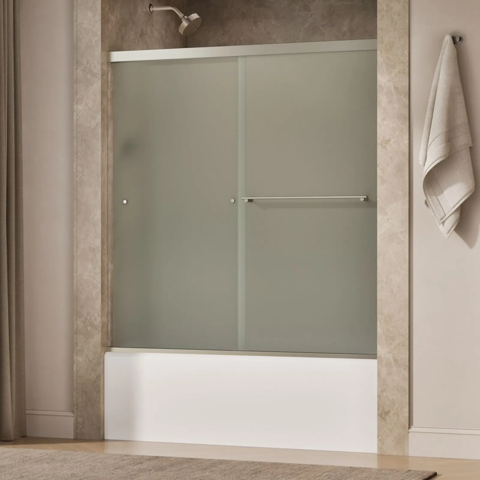 55-5/8"-59-5/8" W x 62" H bypass bath door with 5/16"-thick Frosted glass^Kohler