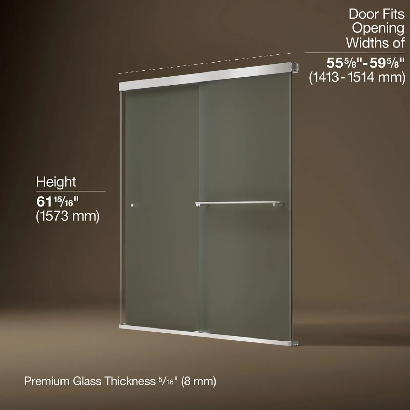 55-5/8"-59-5/8" W x 62" H bypass bath door with 5/16"-thick Frosted glass^Kohler