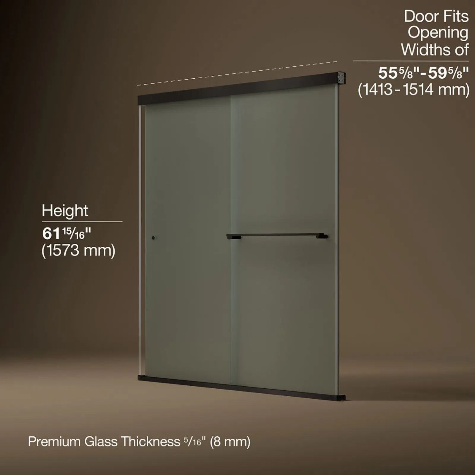 55-5/8"-59-5/8" W x 62" H bypass bath door with 5/16"-thick Frosted glass^Kohler