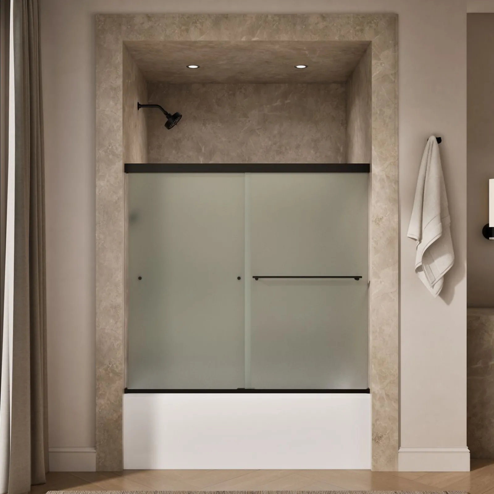 55-5/8"-59-5/8" W x 55-1/2" H bypass bath door with 1/4"-thick Frosted glass^Kohler