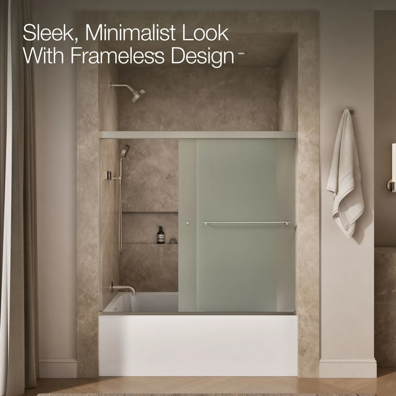 55-5/8"-59-5/8" W x 55-1/2" H bypass bath door with 1/4"-thick Frosted glass^Kohler