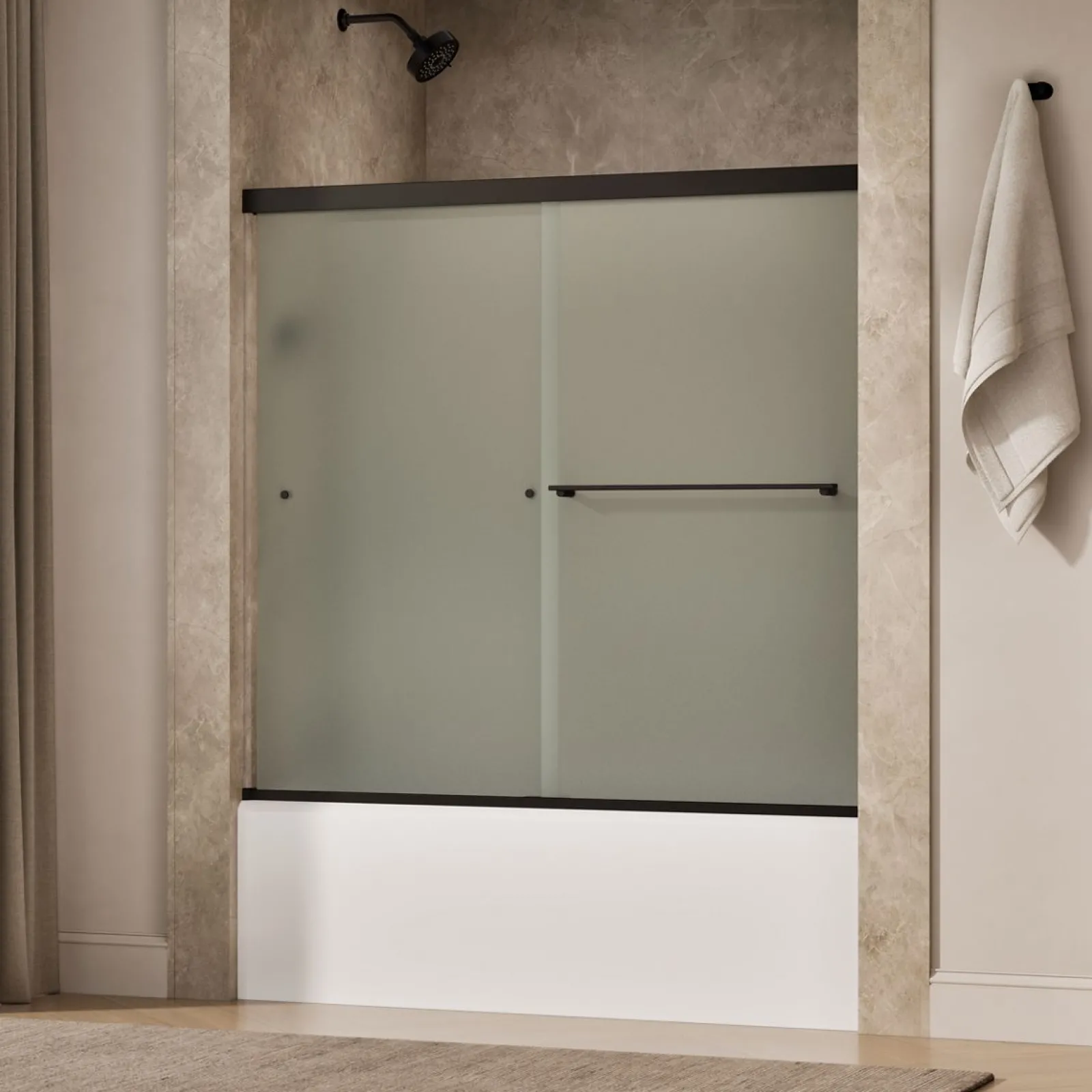 55-5/8"-59-5/8" W x 55-1/2" H bypass bath door with 1/4"-thick Frosted glass^Kohler
