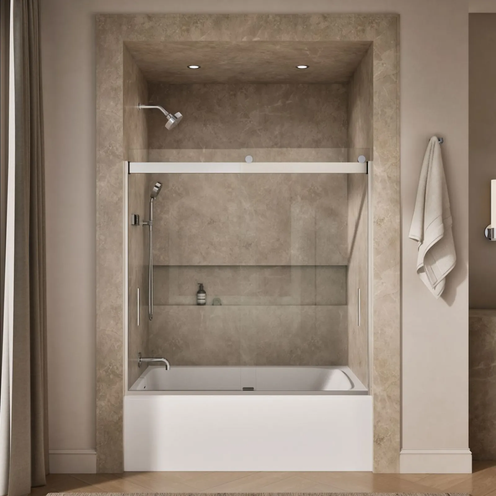 56-5/8"-59-5/8" W x 59-3/4" H bypass bath door with 1/4"-thick Crystal Clear glass^Kohler Sale