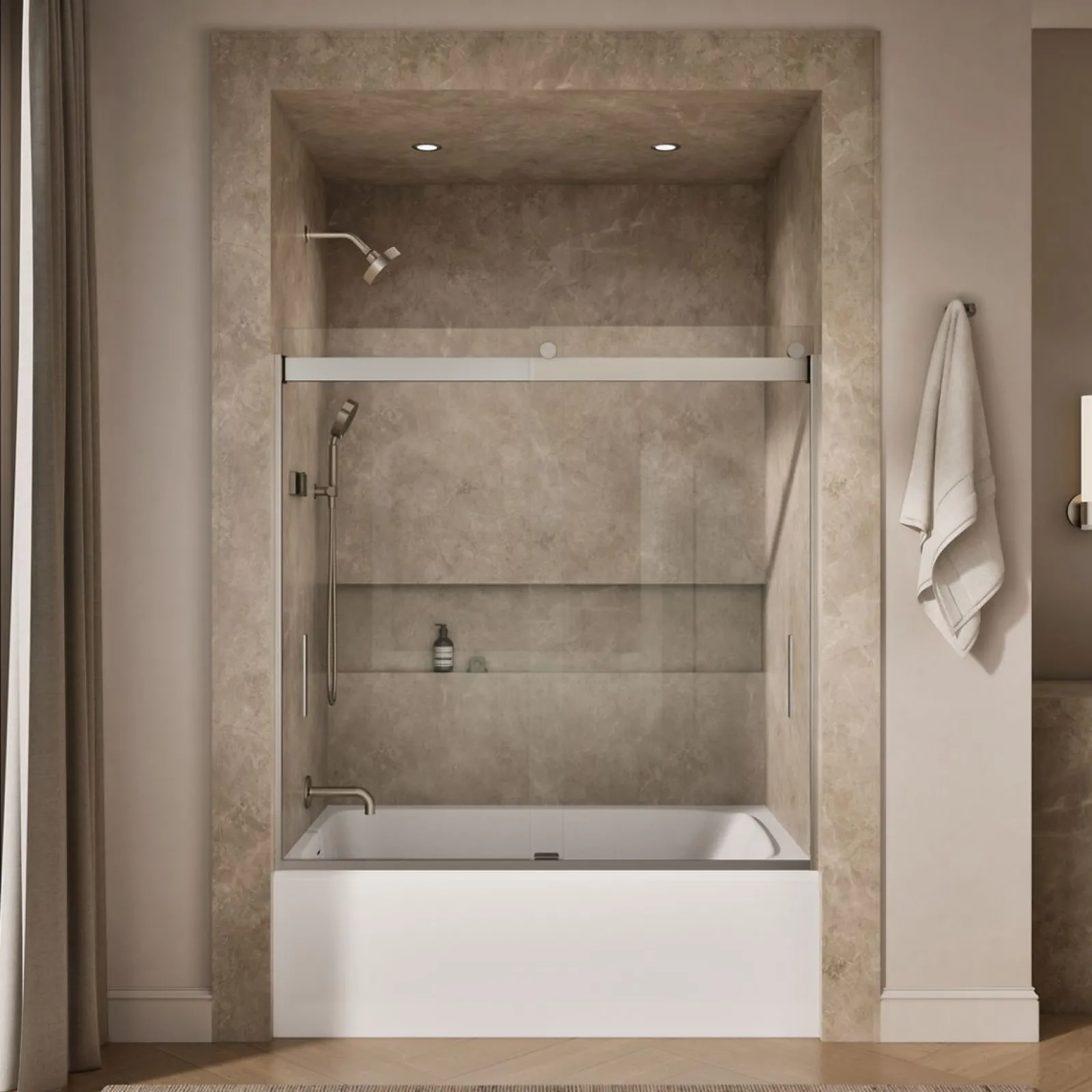 56-5/8"-59-5/8" W x 59-3/4" H bypass bath door with 1/4"-thick Crystal Clear glass^Kohler Sale