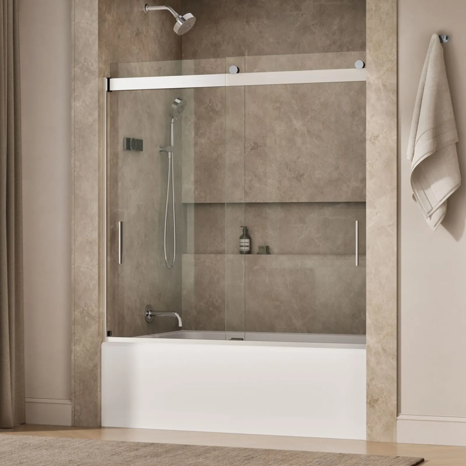 56-5/8"-59-5/8" W x 59-3/4" H bypass bath door with 1/4"-thick Crystal Clear glass^Kohler Sale