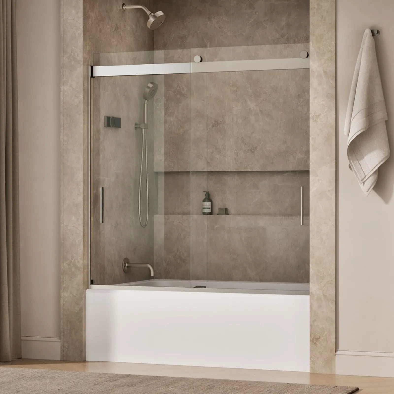 56-5/8"-59-5/8" W x 59-3/4" H bypass bath door with 1/4"-thick Crystal Clear glass^Kohler Sale