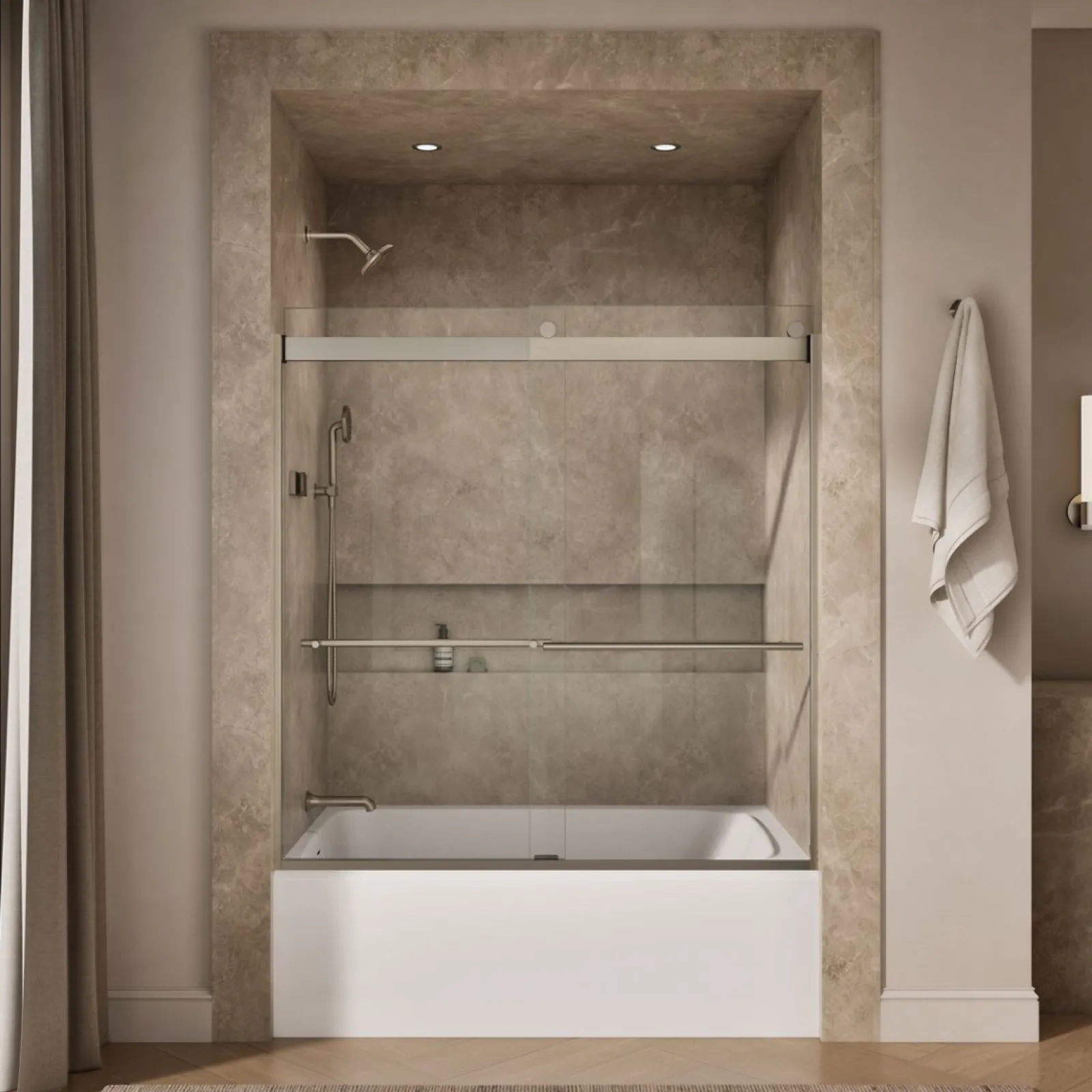 56-5/8"-59-5/8" W x 61.53" H bypass bath door with 3/8"-thick Crystal Clear glass^Kohler Hot