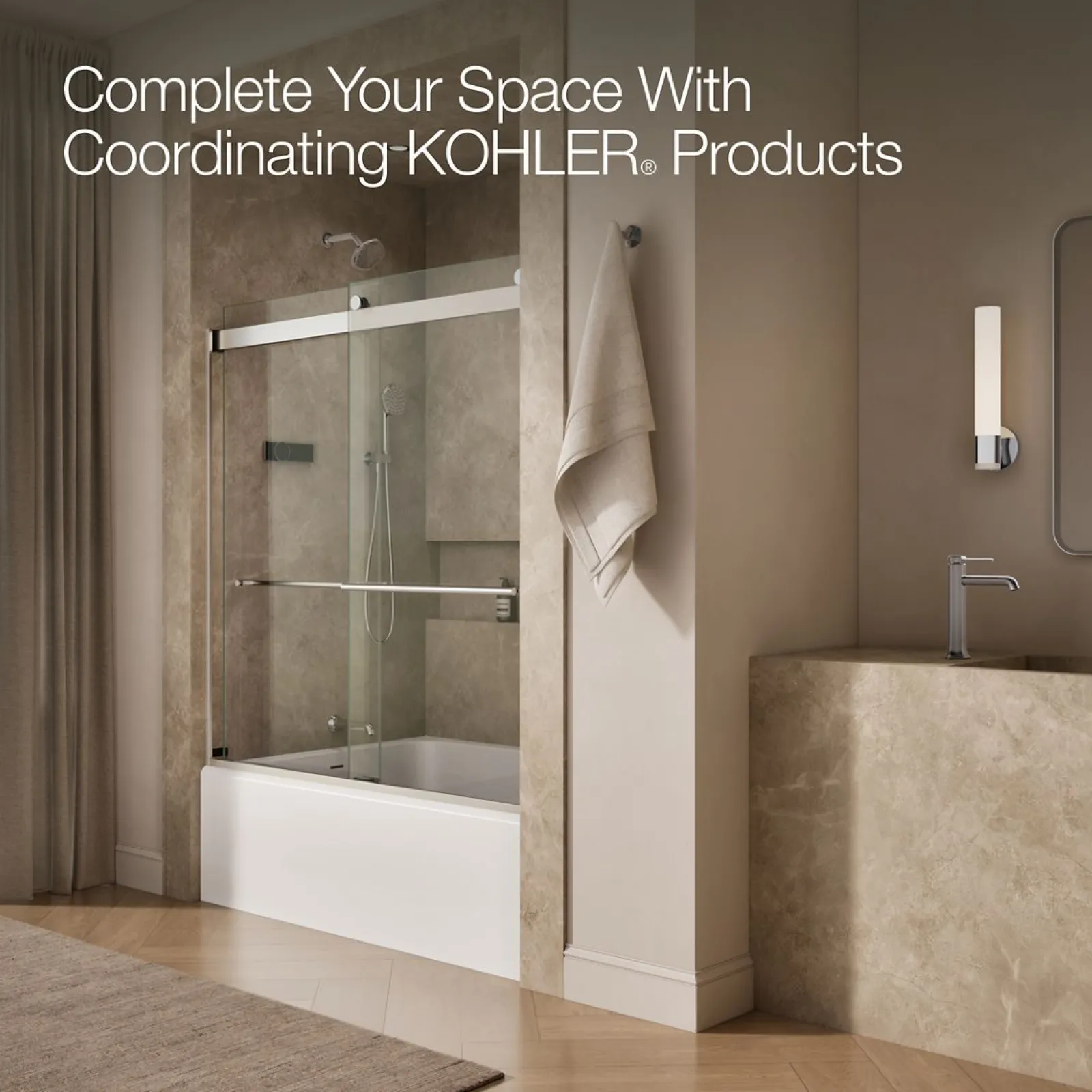 56-5/8"-59-5/8" W x 61.53" H bypass bath door with 3/8"-thick Crystal Clear glass^Kohler Hot