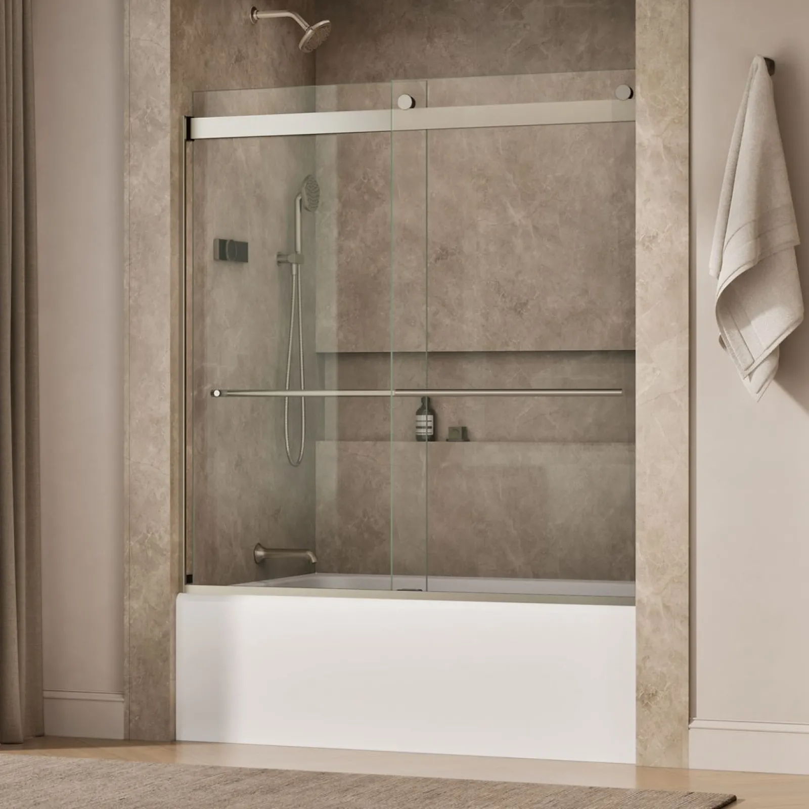56-5/8"-59-5/8" W x 61.53" H bypass bath door with 3/8"-thick Crystal Clear glass^Kohler Hot