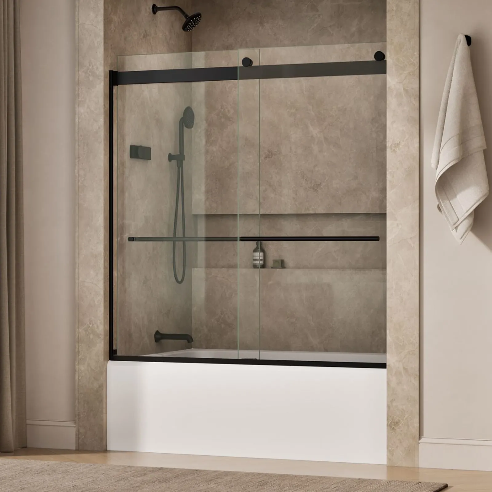 56-5/8"-59-5/8" W x 61.53" H bypass bath door with 3/8"-thick Crystal Clear glass^Kohler Hot